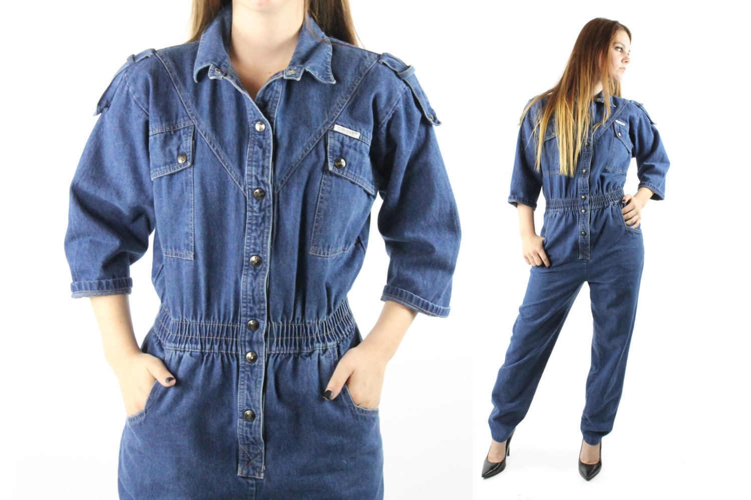 Vintage 80s Denim Jumpsuit Blue Jeans Long Sleeve Jumper 1980s