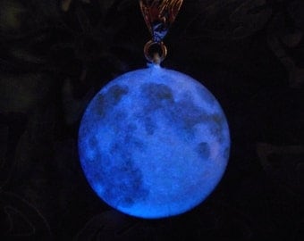 Glow-in-the-Dark Jewelry, Blue Moon Glow-in-the-Dark Necklace, Silver or Soft Black Cord - 8 hour glow!