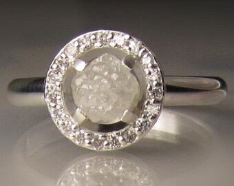 Raw Engagement Ring, White Raw Diamond Ring, Raw Diamond Halo Ring, Rough Diamond Ring
