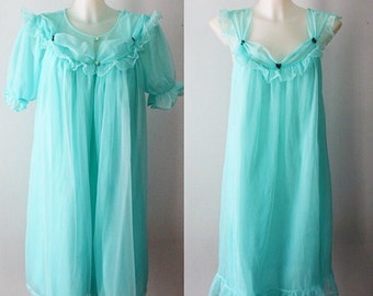 Vintage Aqua Marine Chiffon Peignoir Set, 1960s Peignoir Set, Dorsay, Short Peignoir Set, Romantic, Vintage 1960s Peignoir Set