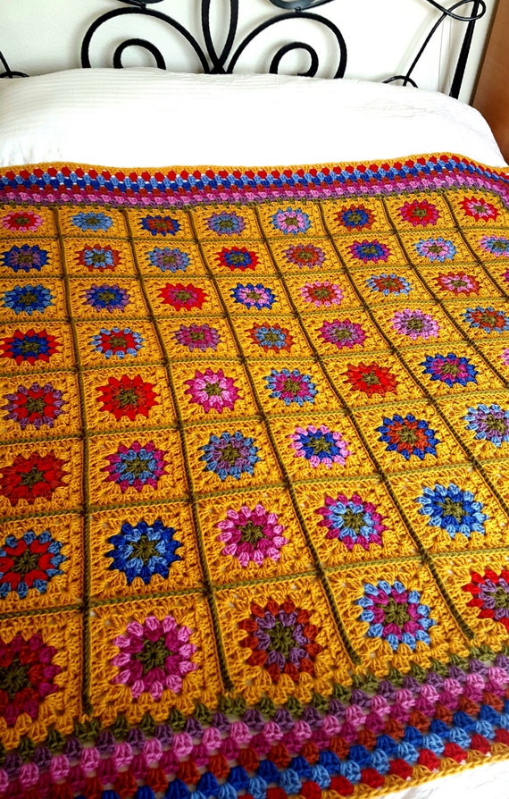 Ready To SHIP Luxury Granny Squares Blanket Pure Wool Afghan  60" x 60"