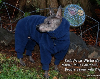 Fleece Body Suit of Polartec 200 with Head Covering Cowl or Turtleneck option for Hairless Terriers, Italian Greyhounds and all small dogs.