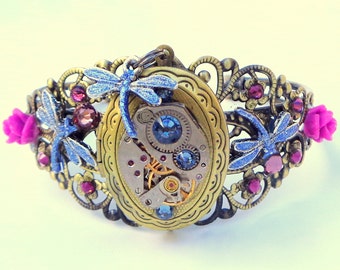 Steampunk Locket Bracelet,Dragonflies,Ruby Jeweled Watch Movement,Purple Swarovski Crystals,Neo Victorian,Vintage Style,Steam Punk Cuff,OOAK