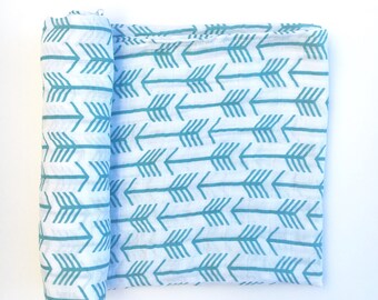 Muslin Swaddle Blanket- TEAL ARROWS- boy swaddle blanket- baby blanket- receiving blanket- arrow swaddle- girl swaddle blanket- newborn wrap