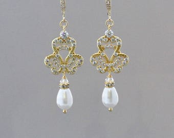 Gold Vintage Wedding Earrings, Gold Pearl Drop Earring, Bridal Earrings, Rose Gold, Gold & Rhodium Earring Options, CELINE FH