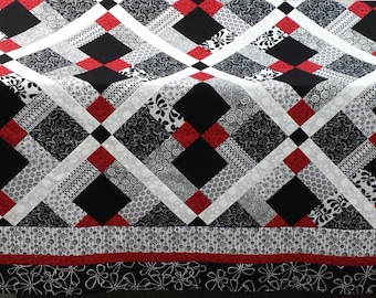 Queen size Quilt pattern; Red, Black and White quilt Disappearing nine patch