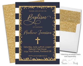 Navy and Gold Baptism Invitation, Baptism Invitation Boy, Boys Christening Invitation, Boys Baptism Invite, Gold Glitter, Blessing