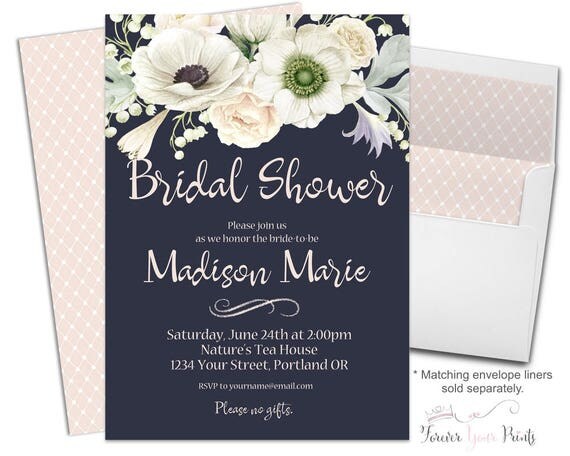 Navy Bridal Shower Invitation - Navy Bridal Shower Invites - Floral Bridal Invite - Floral Bridal Shower - Bridal Invitation - White Flowers Il_570xn