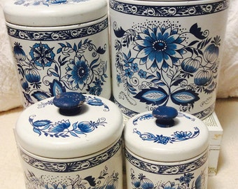 Set of Blue White Tin Canisters Floral Lids Hand Painted Knobs Ransburg