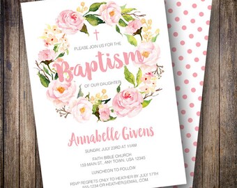 Floral Baptism Invitation Girl, Watercolor Flowers, Peony Floral Wreath, Girl Baptism Invite, Pink, Green, 713