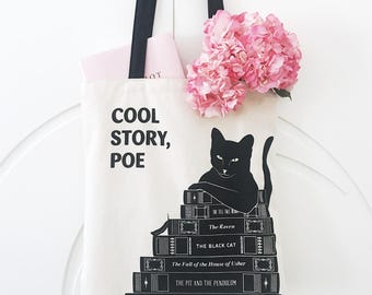Cool Story, Poe Tote, Edgar Allan Poe Black Cat Tote Bag, Literary Gift for Her, Minimalist Bookish Gift, English Major