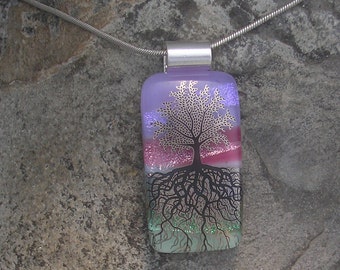 Tree of Life Dichroic Fused Glass Tree Roots Pendant