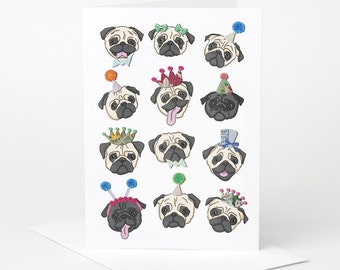 Pug Card (pug birthday card, pug love card, dog celebration card, funny pug card, pug illustration, pug lover card)