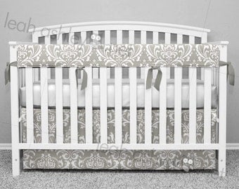 Crib Bedding Set - Crib Skirt and Teething Crib Rail Cover - Gray Damask - Choose Your Tie Color - CB0