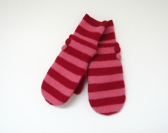 Wool Mittens Fleece Lined Red and Pink Striped Felted Wool Sweater Mittens