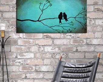 Aqua Rustic birds on tree, blue rustic Painting, Birds on a wire, Love birds, textured Painting, family painting, original marriage gift