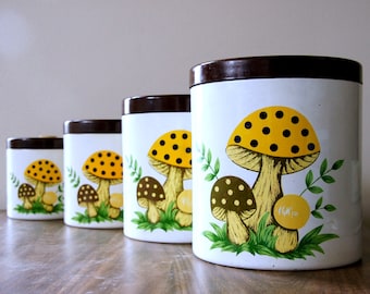 Vintage Canister Set, Merry Mushroom Canisters, Mushroom Decor, Kitschy Kitchen