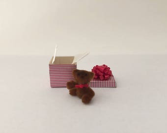 Miniature Teddy Bear in a Wrapped Package with Red Bow, Dollhouse Gift Box