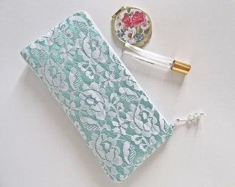 Mint Green Bridal Clutch Bag Wristlet White Lace Wedding Handbag Bride Accessory Personalized