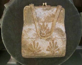 Vintage Gold Beaded Evening Purse Attached Change Purse / 1940s Dressy Purse