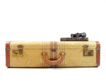 Vintage Tweed Striped Suitcase / Vintage Luggage