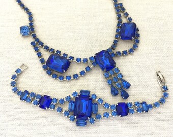 Wife Statement Jewelry Rhinestone Necklace Set - Blue Rhinestone Necklace - Blue Necklace Bracelet Set - Vintage Blue Necklace Set