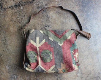 Kilim PURSE / Vintage Leather Tapestry Two Handle Handbag / Southwestern Leather Tassel Bag