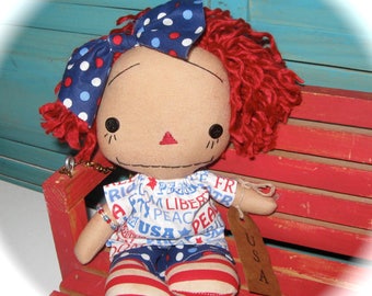 Small 10" Patriotic Annie Ann Raggedy Doll Girl OOAK-USA Americana Rag Doll