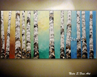 Birch Tree Art, Abstract Painting, Palette Knife, Acrylic Painting, Original Modern Birch Forest Artwork, Wall Painting Large 48" by Nata S.