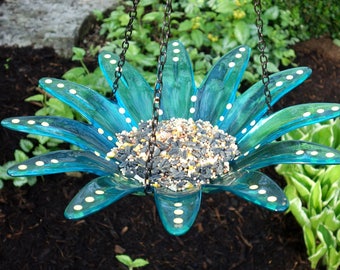 LARGE LIGHT BLUE Hanging Bird Feeder Bird Bath, Recycled Glass