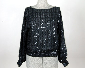 Vintage 1980s Sequin Blouse 80s Black Sheer Sparkling Batwing Blouse Size L