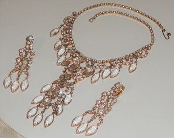 Glitzy JULIANA STYLE Bezel Crystal Waterfall Cascade Bride Bridal Wedding Necklace & Clip Earrings PARURE Set