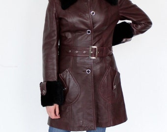 Vintage 1970's Leather Coat Faux Fur Trim Made in Spain