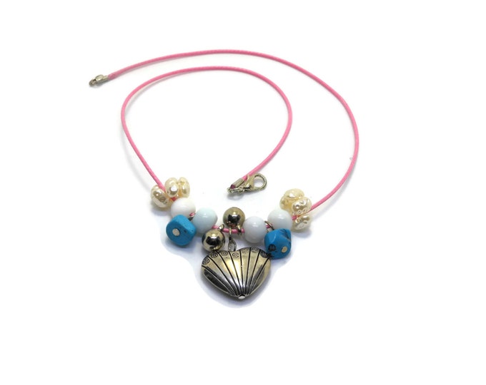 Heart necklace, silver tone heart charm and beads, white cats eye beads, turquoise chips and faux pearls on pink cording