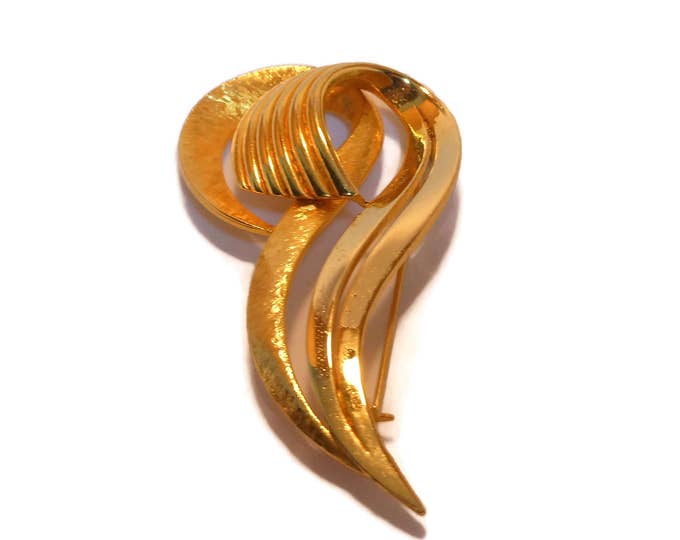 FREE SHIPPING Sphinx swirl brooch pin, 1960s signed gold two tone swirl pin, textured and glossy