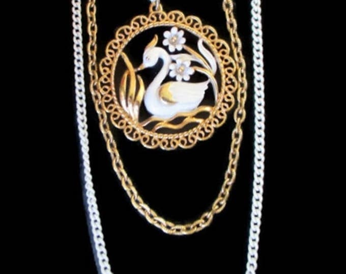 FREE SHIPPING Swan triple strand necklace pendant signed Shp Excl (Stanley Home Product)
