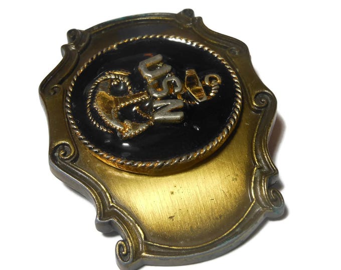 USN belt buckle, brass western belt buckle, United State Navy, signed Raintree 1978, black enamel inset