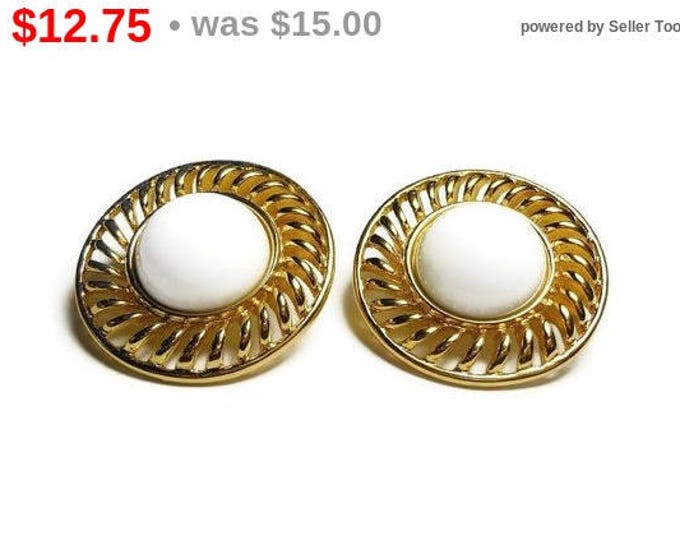 SALE Trifari button earrings, 1980s stud earrings, gold wheel like frame with white lucite domed button center