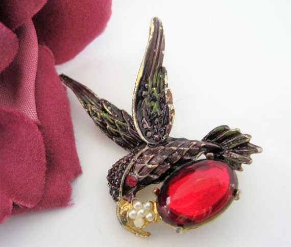 Jelly Belly Hummingbird Pin - Faux Pearls - Brown Enamel - Red Rhinestone Eye Brooch Pin