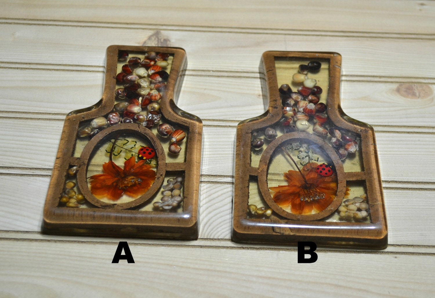 Vintage Spoon Rest Acrylic Lucite Resin Wood Seeds Flower Lady