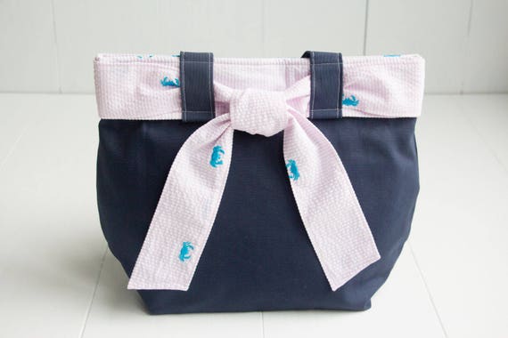 Items similar to Nautical Canvas Handbag with Pink Seersucker Tie-Navy ...