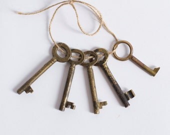 Antique European Brass Skeleton Keys - Lot Of 5 - Authentic Vintage Keys