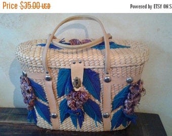SALE Sisal Bucket Purse - Straw Bag - Purple Grapes - Large - Vintage