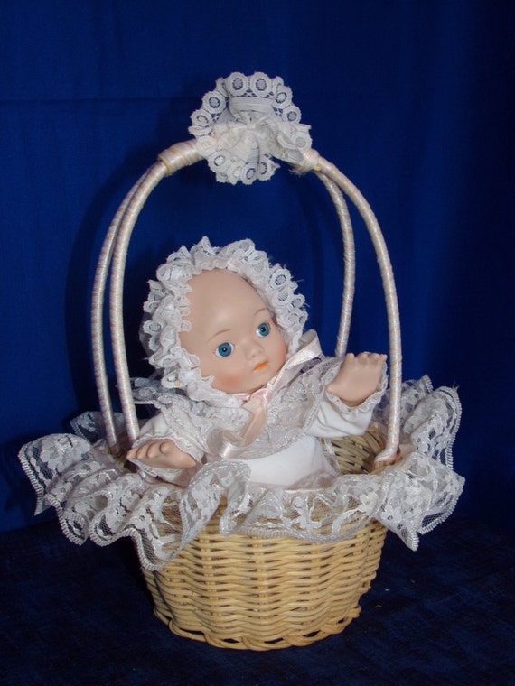 Vintage Musical Baby Doll.Old Baby in Basket.Wind up Moving