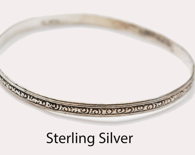 sterling silver Bangle - Etched scroll design - Large bracelet - signed Sterling