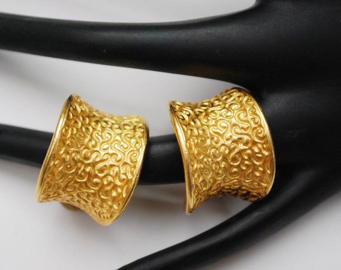 Gold Hoop Earrings - Wide concave swirl design - Signed Anne Klein - Clip on earrings
