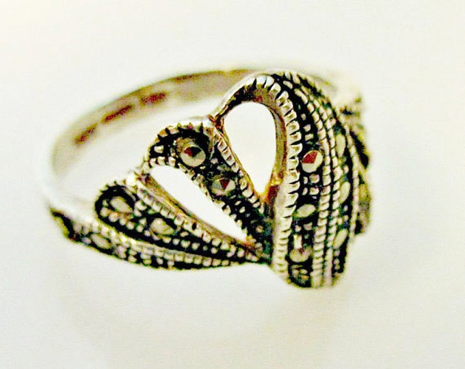 Sterling Ring - Silver Swirl - Pyrite Marcasite - Mexico Signed - size 9 band