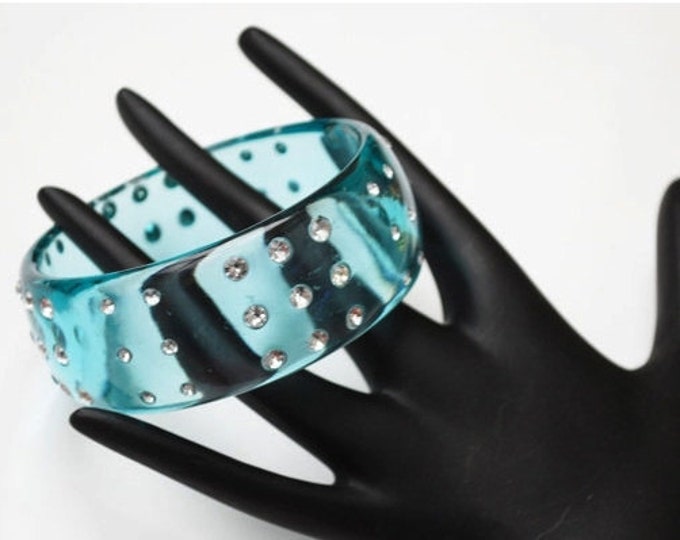 Aqua Lucite Bracelet -clear Rhinestone - blue green translucent vintage plastic Bangle