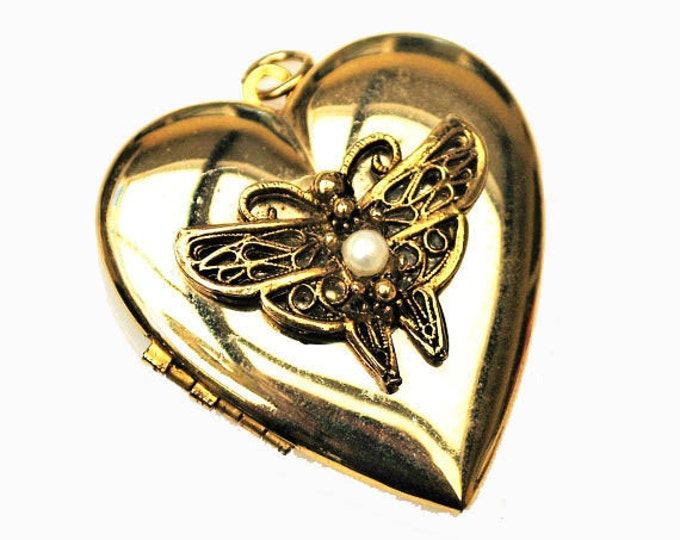 Gold Heart Locket Pendant - White pearl - Butterfly - charm -gold-plated