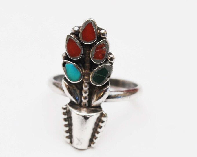 Gemstone Inlay Flower Ring - Silver floral - turquoise,coral - carnelian - size 5 ring